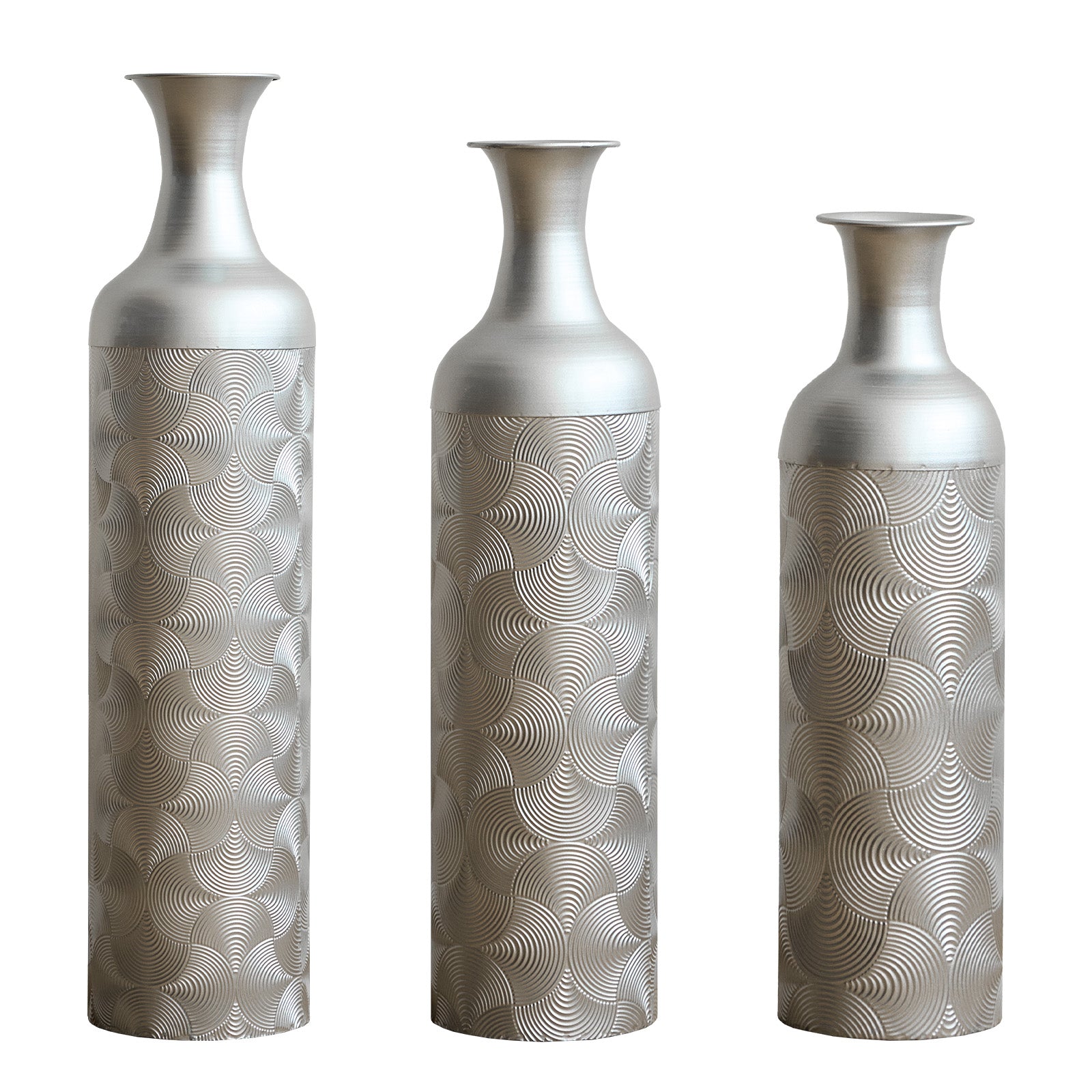 Silver Metal Vases, Set of 3 Modern Floor Vases with Wave Pattern for Home Decor, Tall Cylinder Flower Vases for Living Room Office (32.68, 25.98, 19.69 Inch)