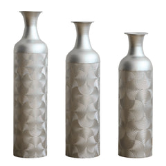 Silver Metal Vases, Set of 3 Modern Floor Vases with Wave Pattern for Home Decor, Tall Cylinder Flower Vases for Living Room Office (32.68, 25.98, 19.69 Inch)