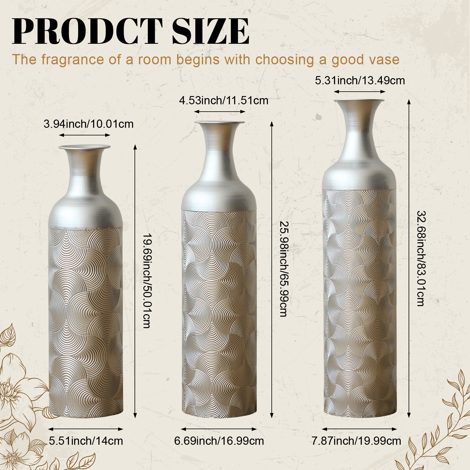 Silver Metal Vases, Set of 3 Modern Floor Vases with Wave Pattern for Home Decor, Tall Cylinder Flower Vases for Living Room Office (32.68, 25.98, 19.69 Inch)