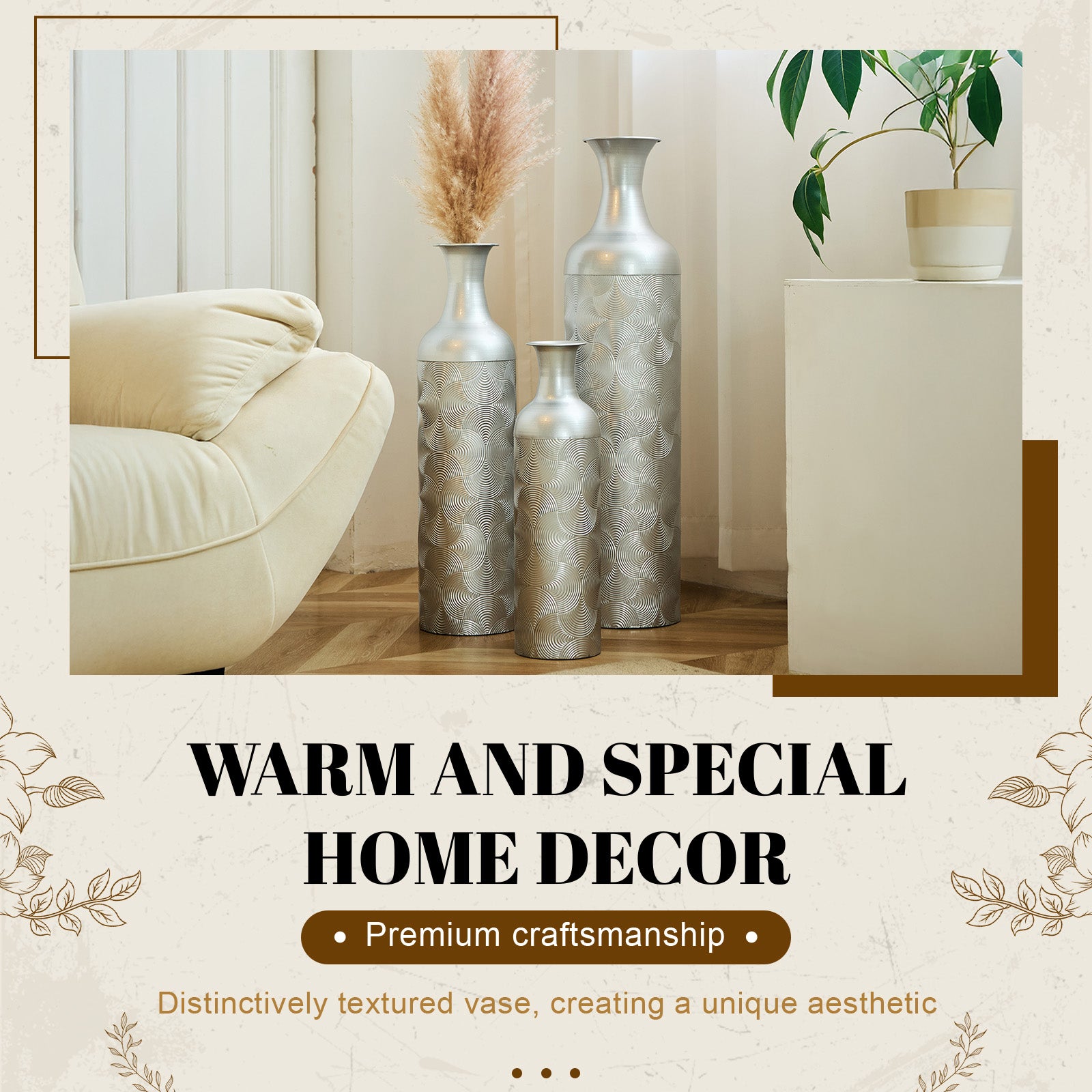 Silver Metal Vases, Set of 3 Modern Floor Vases with Wave Pattern for Home Decor, Tall Cylinder Flower Vases for Living Room Office (32.68, 25.98, 19.69 Inch)