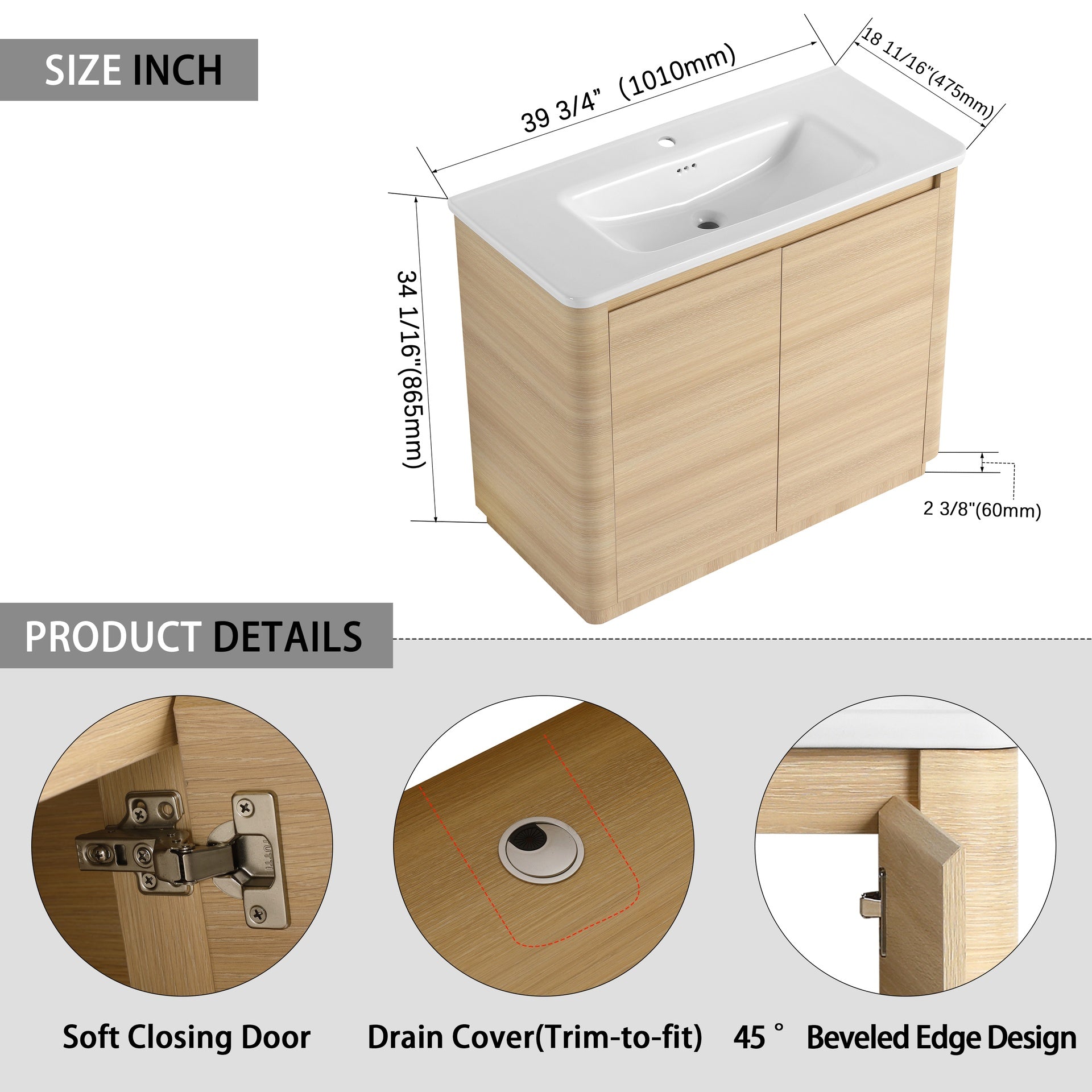 40'' Freestanding Bathroom Vanity with White Ceramic Sink & 2-Soft-Close Door, KD-Packing, Plywood