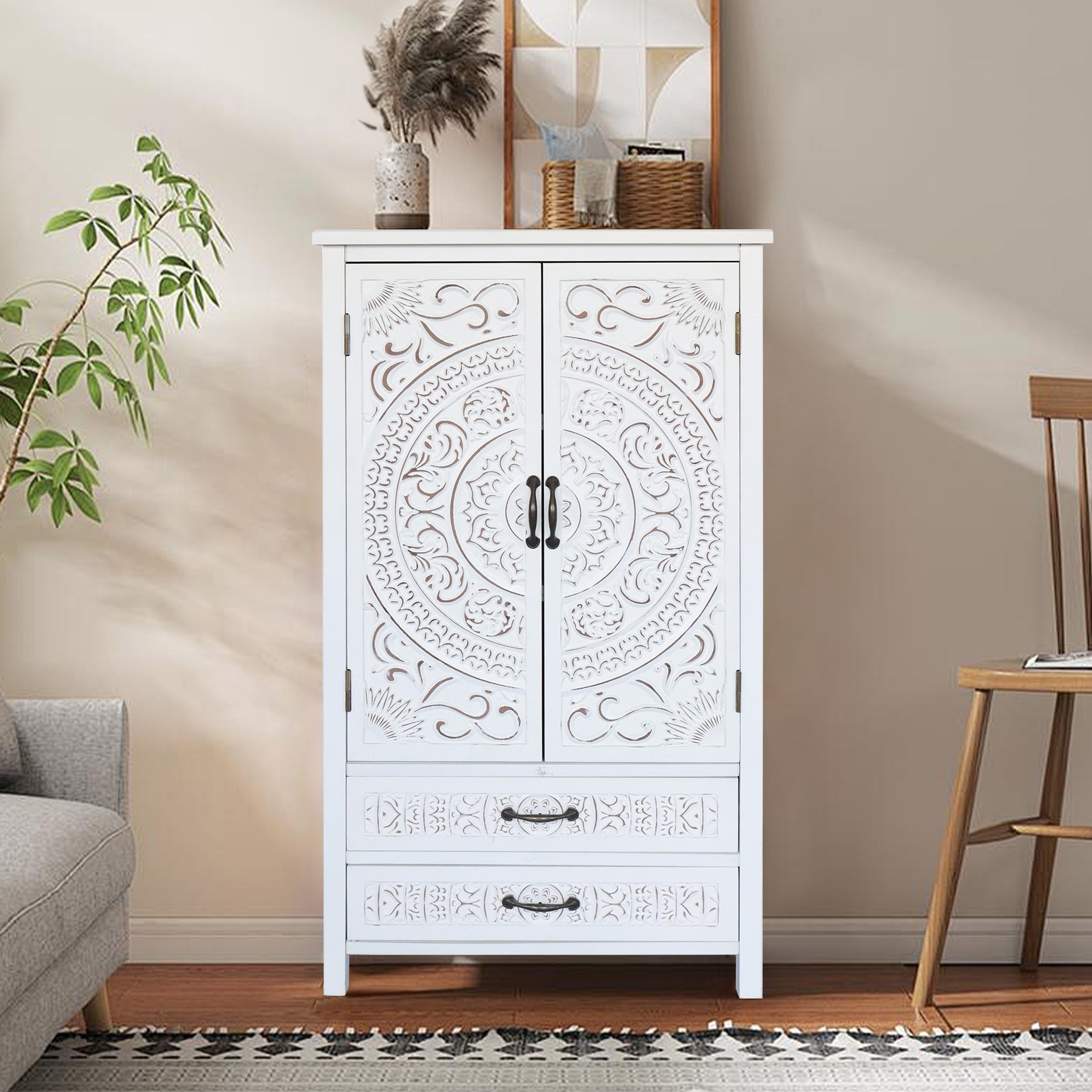 27'' Accent Tall Tower White Storage Cabinet - Rustic Wood Sideboard Pantry Cabinet - Versatile Buffet Cabinet with Storage for Home Decor and Organization chic cabinet with two doors and two drawers
