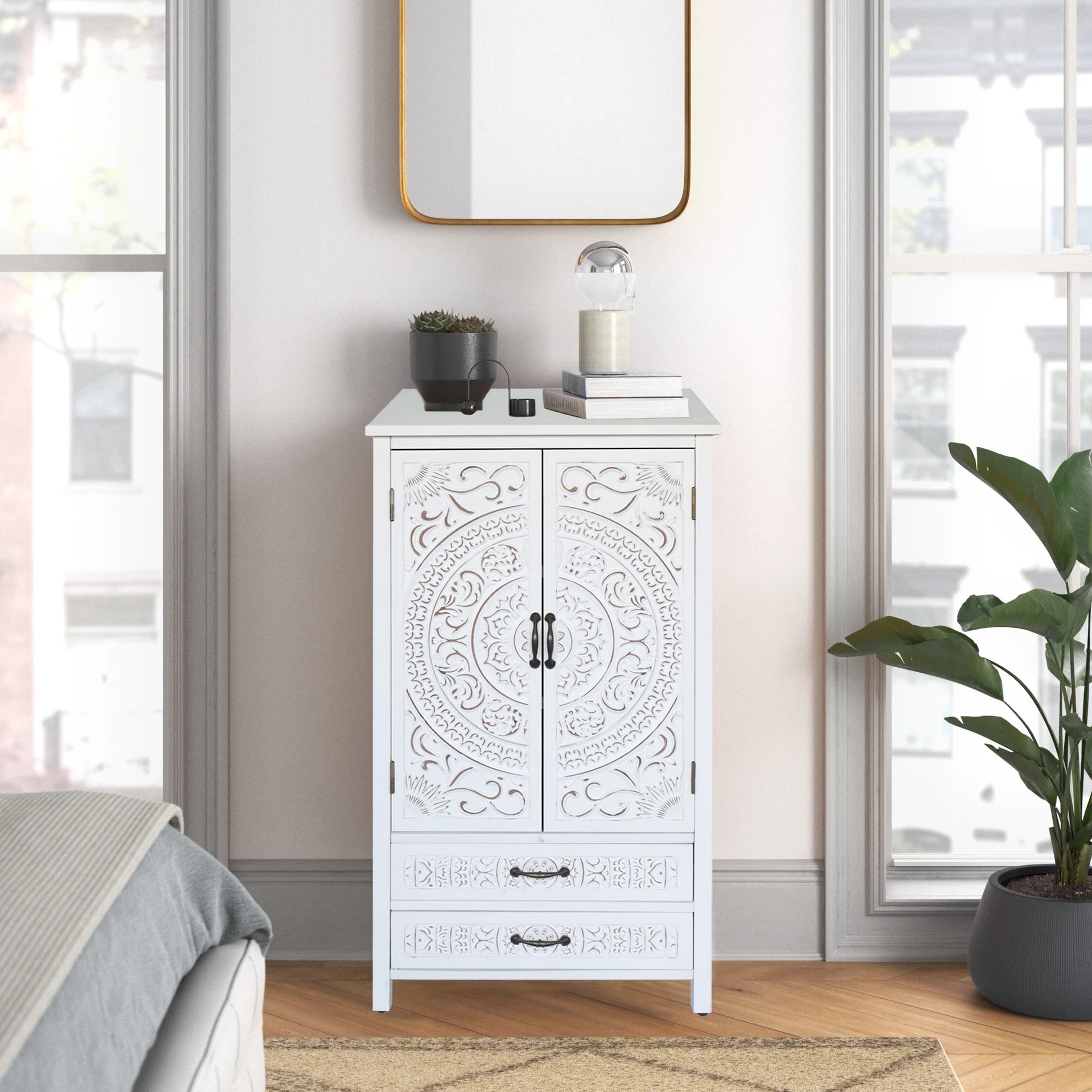 27'' Accent Tall Tower White Storage Cabinet - Rustic Wood Sideboard Pantry Cabinet - Versatile Buffet Cabinet with Storage for Home Decor and Organization chic cabinet with two doors and two drawers