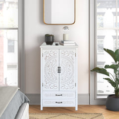27'' Accent Tall Tower White Storage Cabinet - Rustic Wood Sideboard Pantry Cabinet - Versatile Buffet Cabinet with Storage for Home Decor and Organization chic cabinet with two doors and two drawers