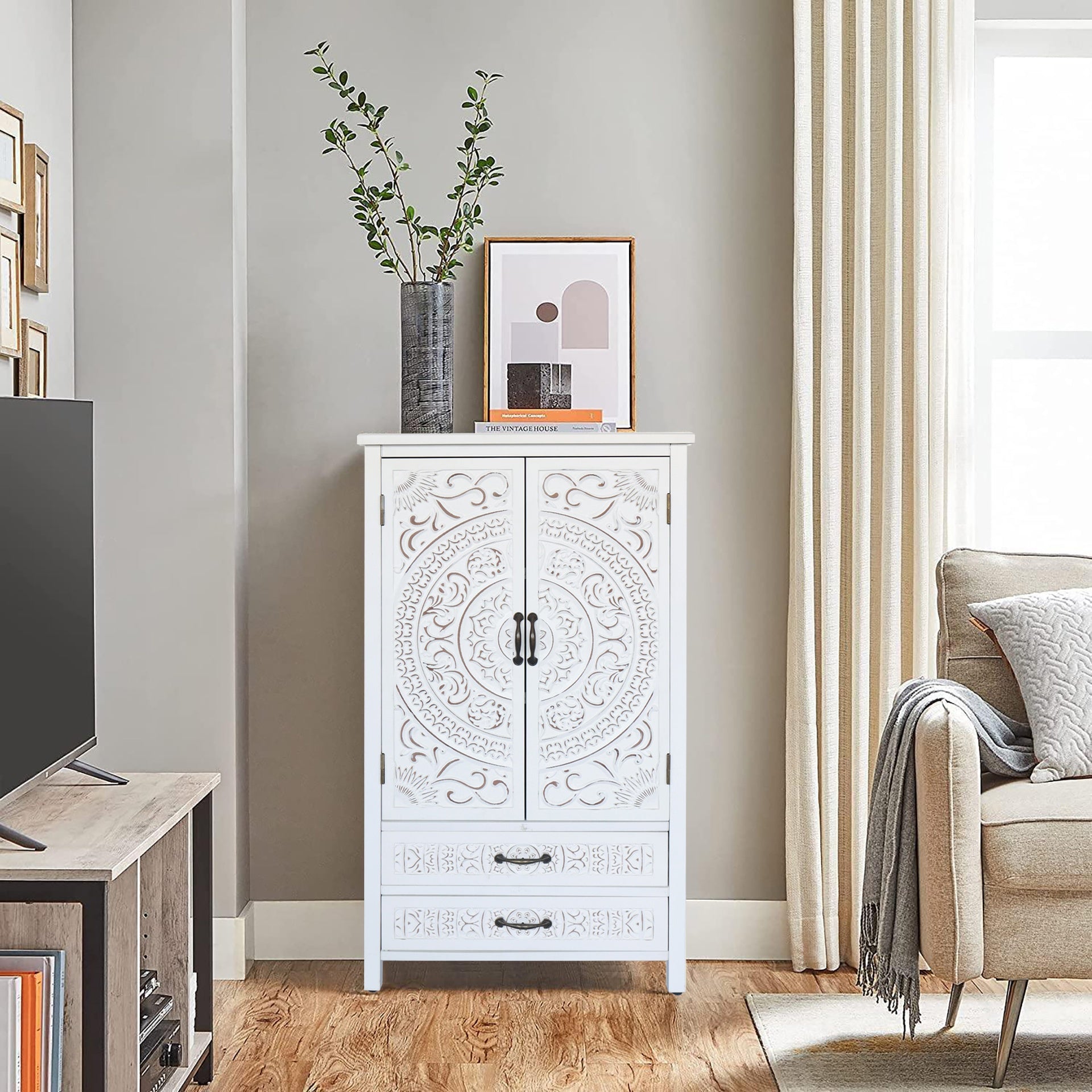 27'' Accent Tall Tower White Storage Cabinet - Rustic Wood Sideboard Pantry Cabinet - Versatile Buffet Cabinet with Storage for Home Decor and Organization chic cabinet with two doors and two drawers
