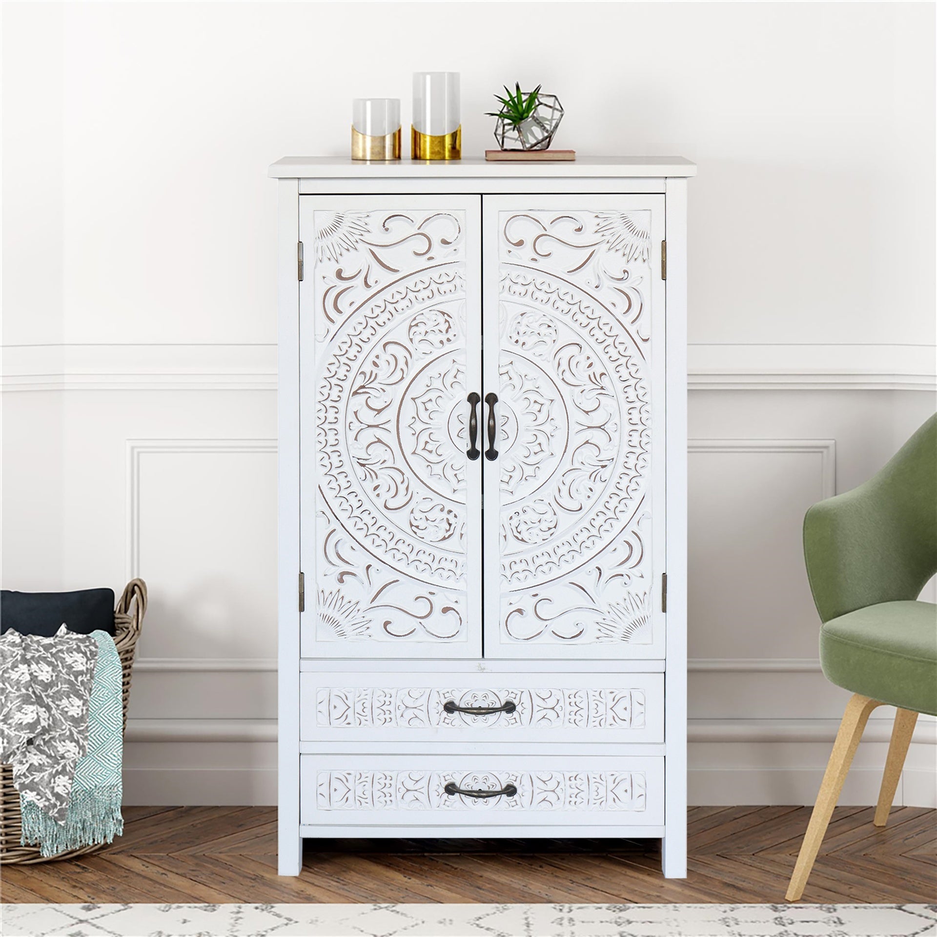 27'' Accent Tall Tower White Storage Cabinet - Rustic Wood Sideboard Pantry Cabinet - Versatile Buffet Cabinet with Storage for Home Decor and Organization chic cabinet with two doors and two drawers