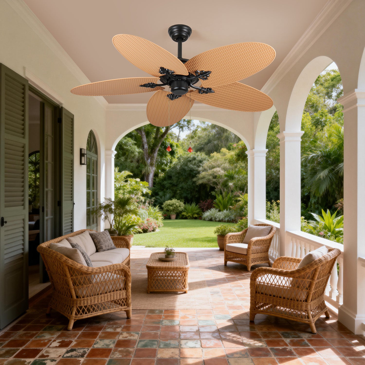 Palm Island 52 Inch Tropical Ceiling Fan with 5 Palm Leaf Blades, Indoor/Outdoor No Light Fan, Pull Chain Control, Dual Mounting Options, Ideal for Patios and Bedrooms