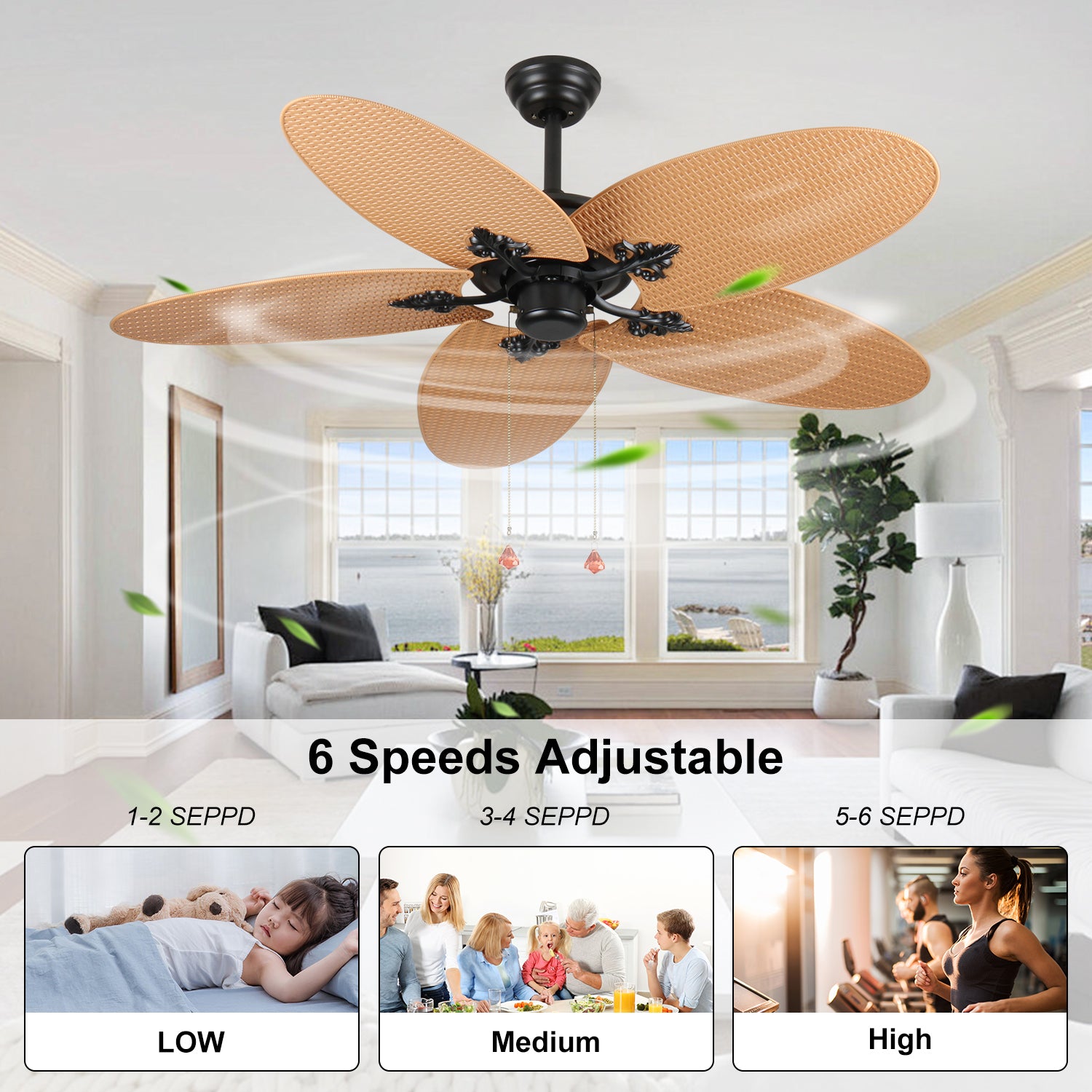 Palm Island 52 Inch Tropical Ceiling Fan with 5 Palm Leaf Blades, Indoor/Outdoor No Light Fan, Pull Chain Control, Dual Mounting Options, Ideal for Patios and Bedrooms