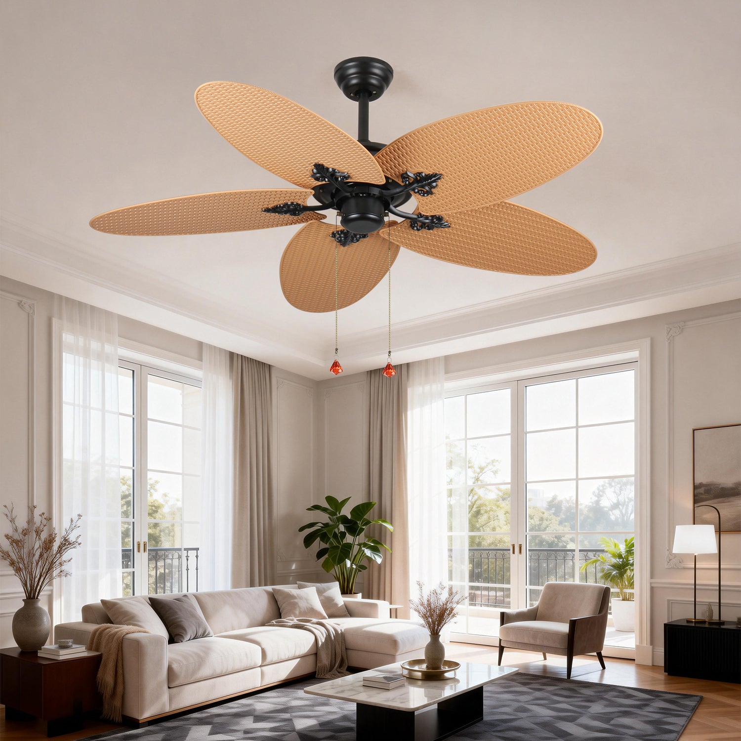 Palm Island 52 Inch Tropical Ceiling Fan with 5 Palm Leaf Blades, Indoor/Outdoor No Light Fan, Pull Chain Control, Dual Mounting Options, Ideal for Patios and Bedrooms