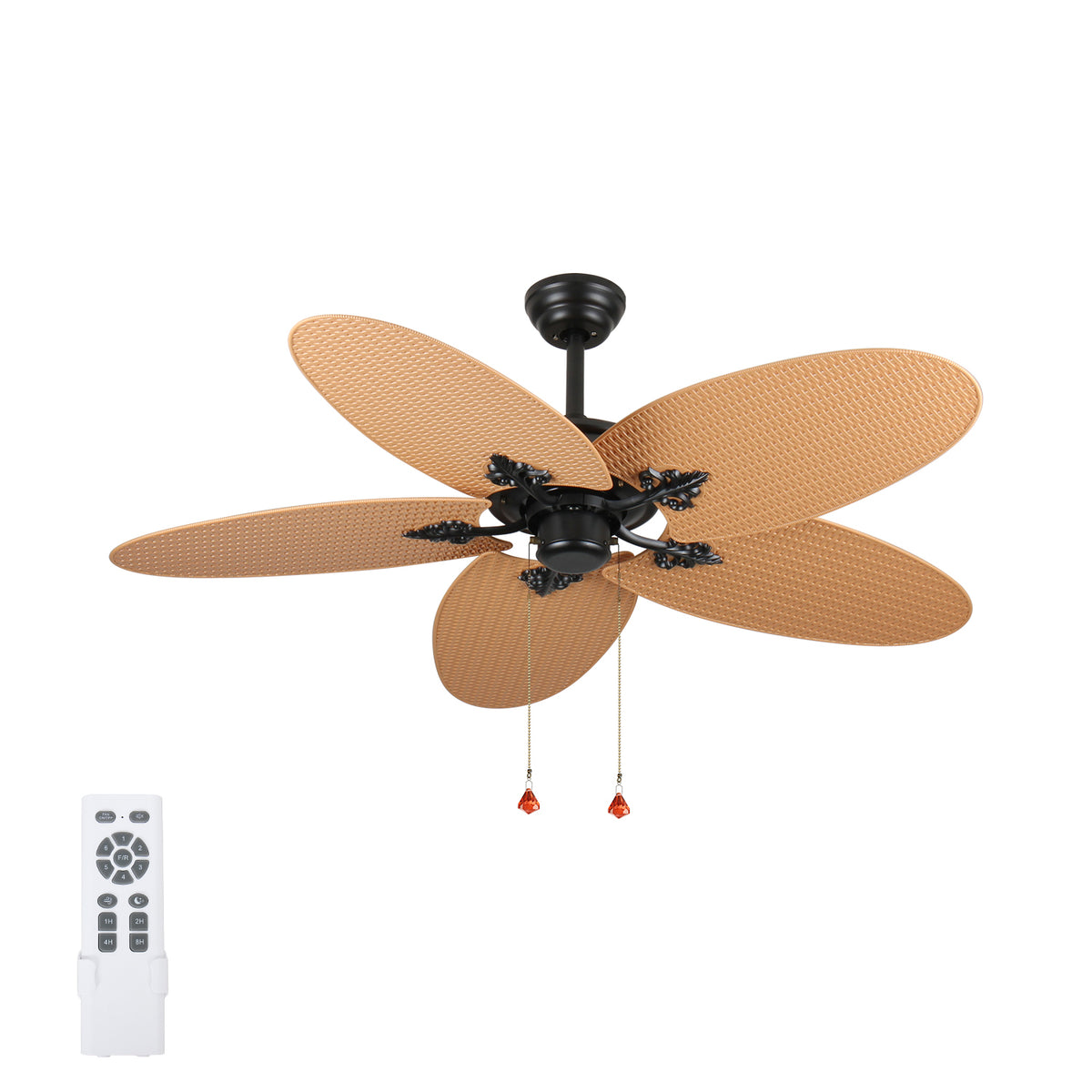 Palm Island 52 Inch Tropical Ceiling Fan with 5 Palm Leaf Blades, Indoor/Outdoor No Light Fan, Pull Chain Control, Dual Mounting Options, Ideal for Patios and Bedrooms