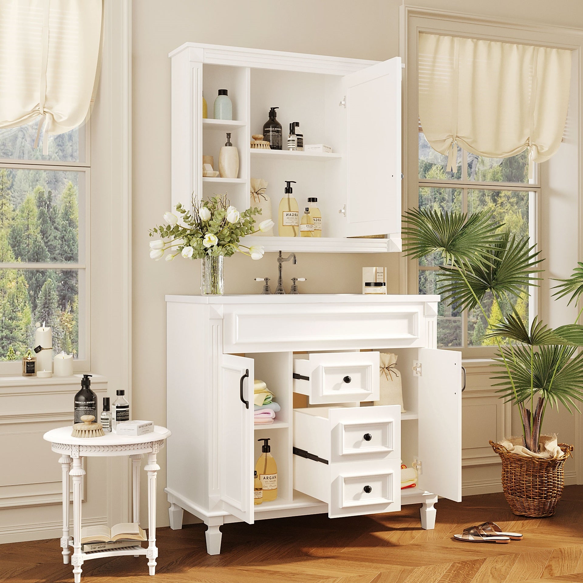 36'' Bathroom Vanity with Top Sink, Mirror Cabinet, Modern Bathroom Storage Cabinet with 2 Soft Closing Doors and 2 Drawers, Single Sink Bathroom Vanity