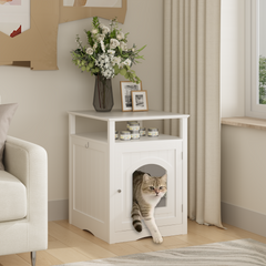 Cat Litter Box Enclosure Furniture, Indoor Wooden Cat House with Enclosed Cabinet, Hidden Litter Box Furniture with Storage Shelf, Modern Cat Condo Side Table for Living Room or Bedroom – White