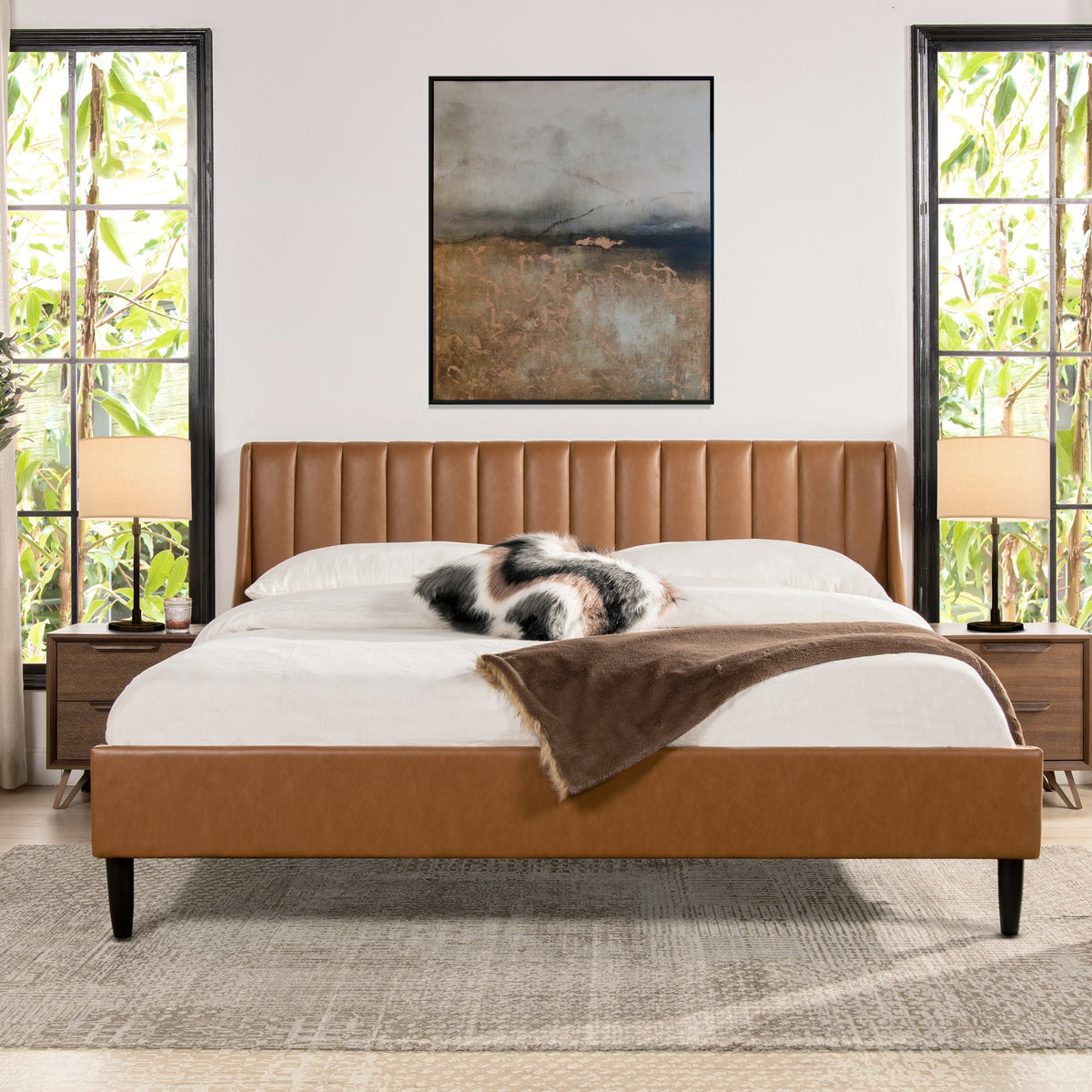 Aspen Vertical Tufted Headboard Platform Bed Set, King, Caramel Tan Brown Faux Leather