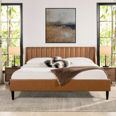 Aspen Vertical Tufted Headboard Platform Bed Set, King, Caramel Tan Brown Faux Leather