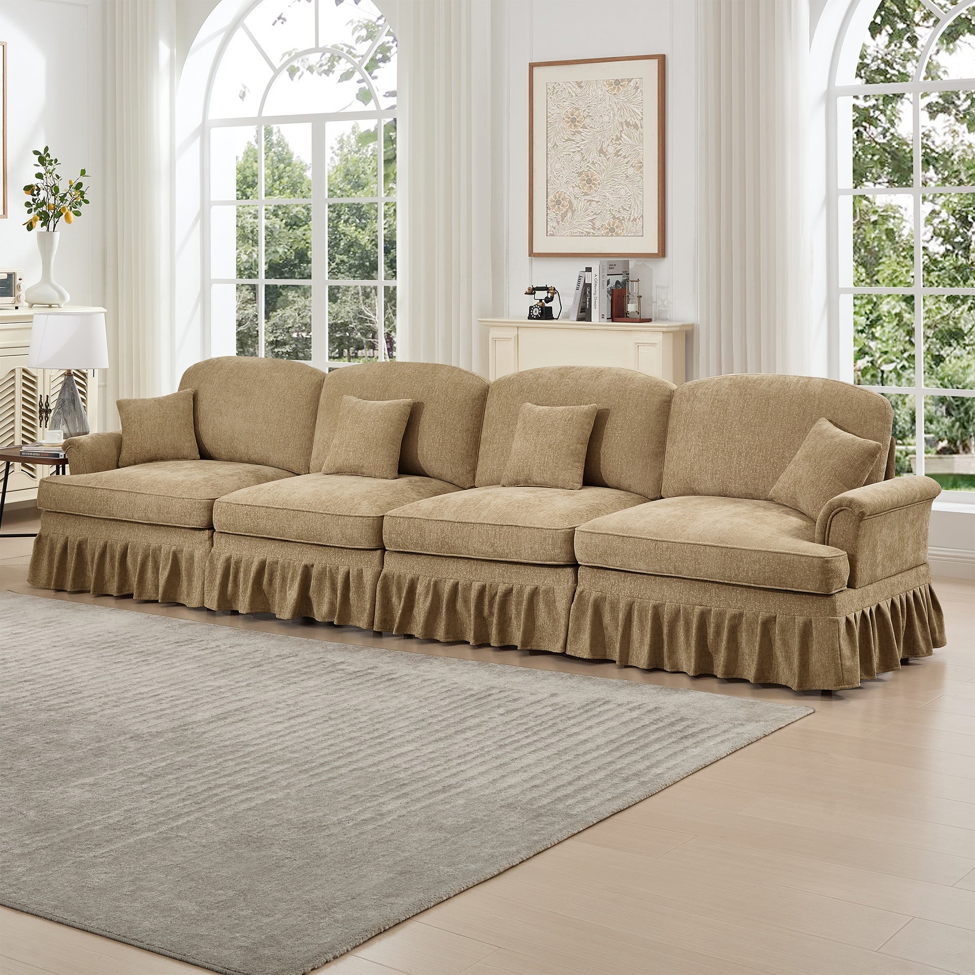 Elegant Mid Century Large 4 Seater Sofa Couch with Flared Arms and Removable Ruffles Pleats Skirts and Spindle Legs, Comfy Chenille Four-Seat Sofa for Living Room, Light Coffee