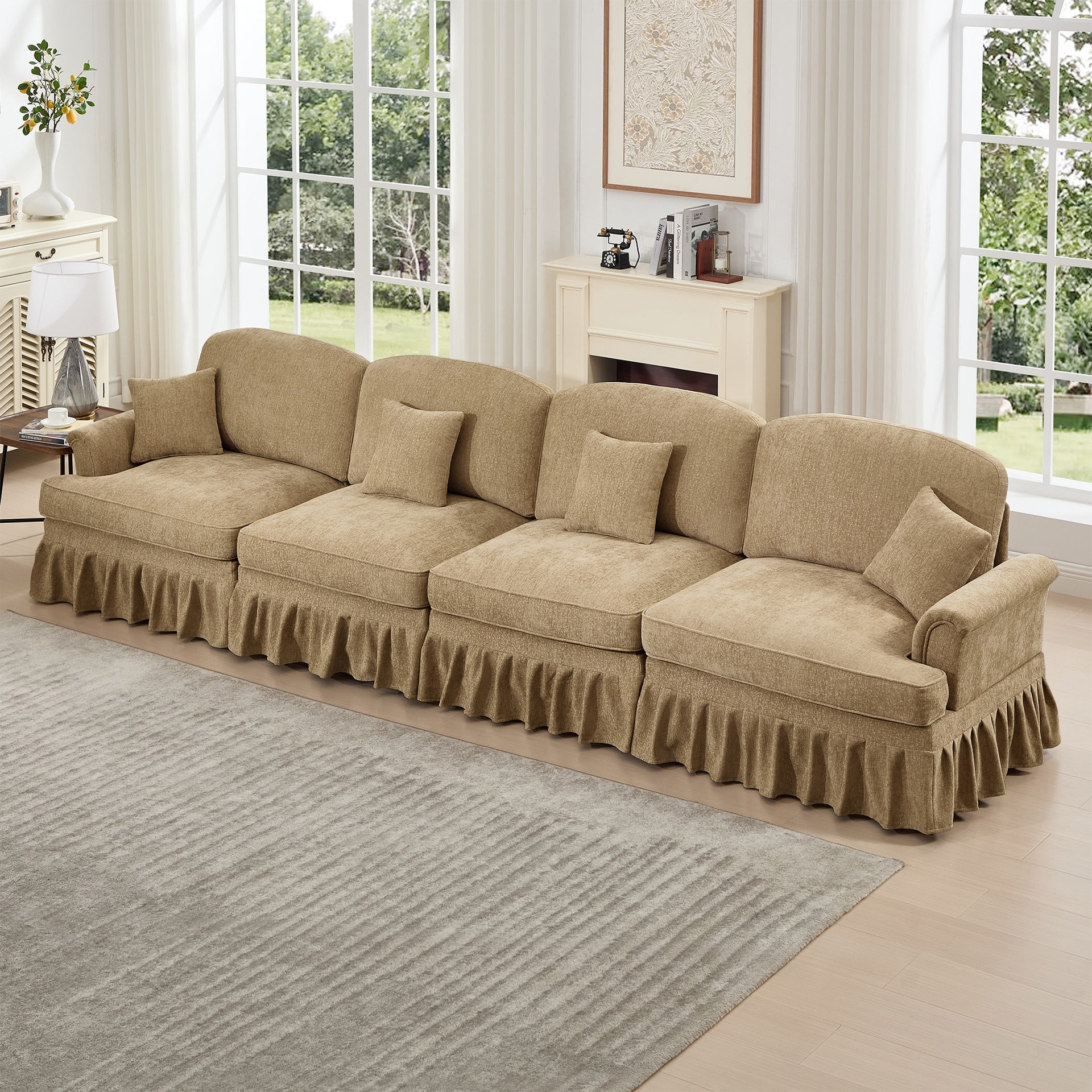 Elegant Mid Century Large 4 Seater Sofa Couch with Flared Arms and Removable Ruffles Pleats Skirts and Spindle Legs, Comfy Chenille Four-Seat Sofa for Living Room, Light Coffee