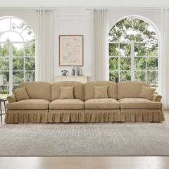 Elegant Mid Century Large 4 Seater Sofa Couch with Flared Arms and Removable Ruffles Pleats Skirts and Spindle Legs, Comfy Chenille Four-Seat Sofa for Living Room, Light Coffee