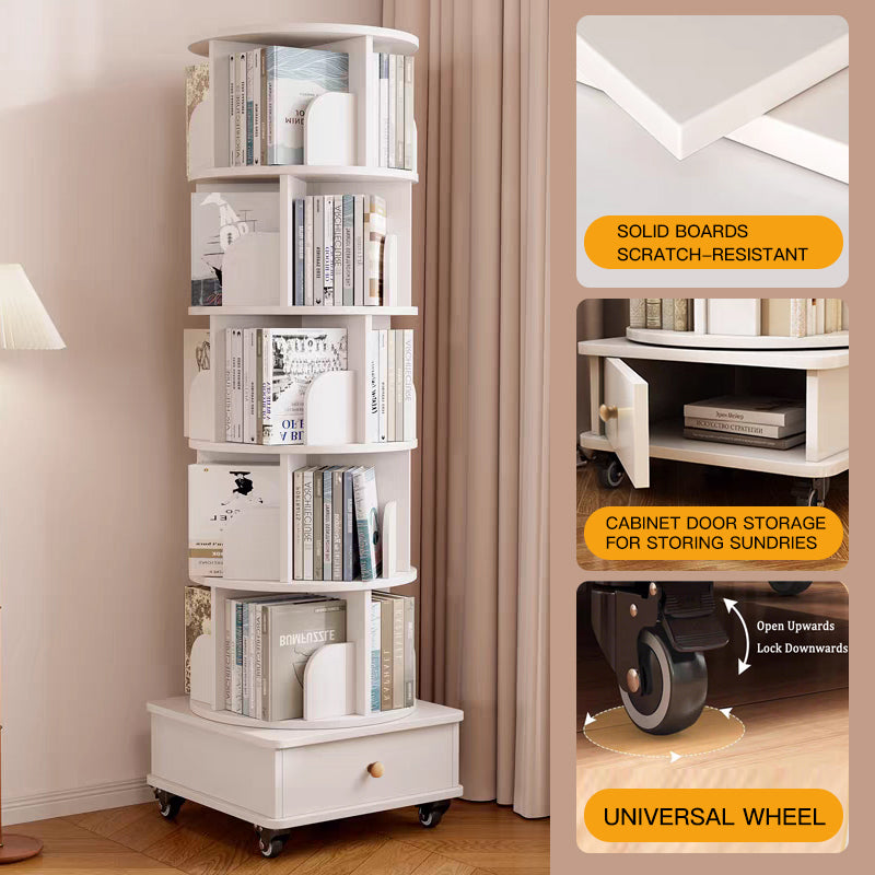 Rotating Bookshelf with Drawer, 360 Display 6 Tier Corner Bookshelf for Small Space, Floor Standing Bookcase Storage Rack, Wood Narrow Organizer for Bedroom, Living Room (WHITE)