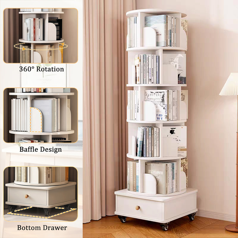 Rotating Bookshelf with Drawer, 360 Display 6 Tier Corner Bookshelf for Small Space, Floor Standing Bookcase Storage Rack, Wood Narrow Organizer for Bedroom, Living Room (WHITE)