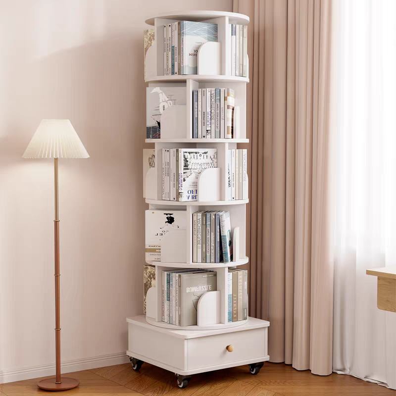 Rotating Bookshelf with Drawer, 360 Display 6 Tier Corner Bookshelf for Small Space, Floor Standing Bookcase Storage Rack, Wood Narrow Organizer for Bedroom, Living Room (WHITE)