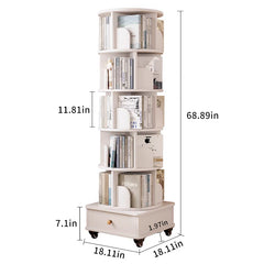 Rotating Bookshelf with Drawer, 360 Display 6 Tier Corner Bookshelf for Small Space, Floor Standing Bookcase Storage Rack, Wood Narrow Organizer for Bedroom, Living Room (WHITE)