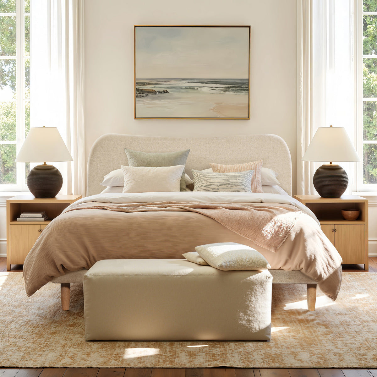 Roman Curved Headboard Upholstered Platform Bed, Queen, Oatmeal Light Beige Chenille