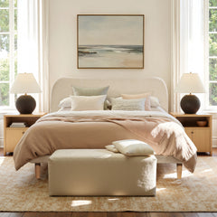 Roman Curved Headboard Upholstered Platform Bed, Queen, Oatmeal Light Beige Chenille
