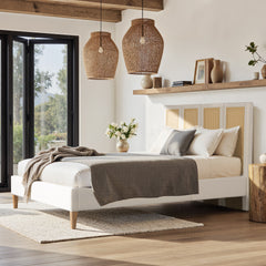 Toscana Queen Upholstered Cane Back Platform Bed, Antique White Polyester