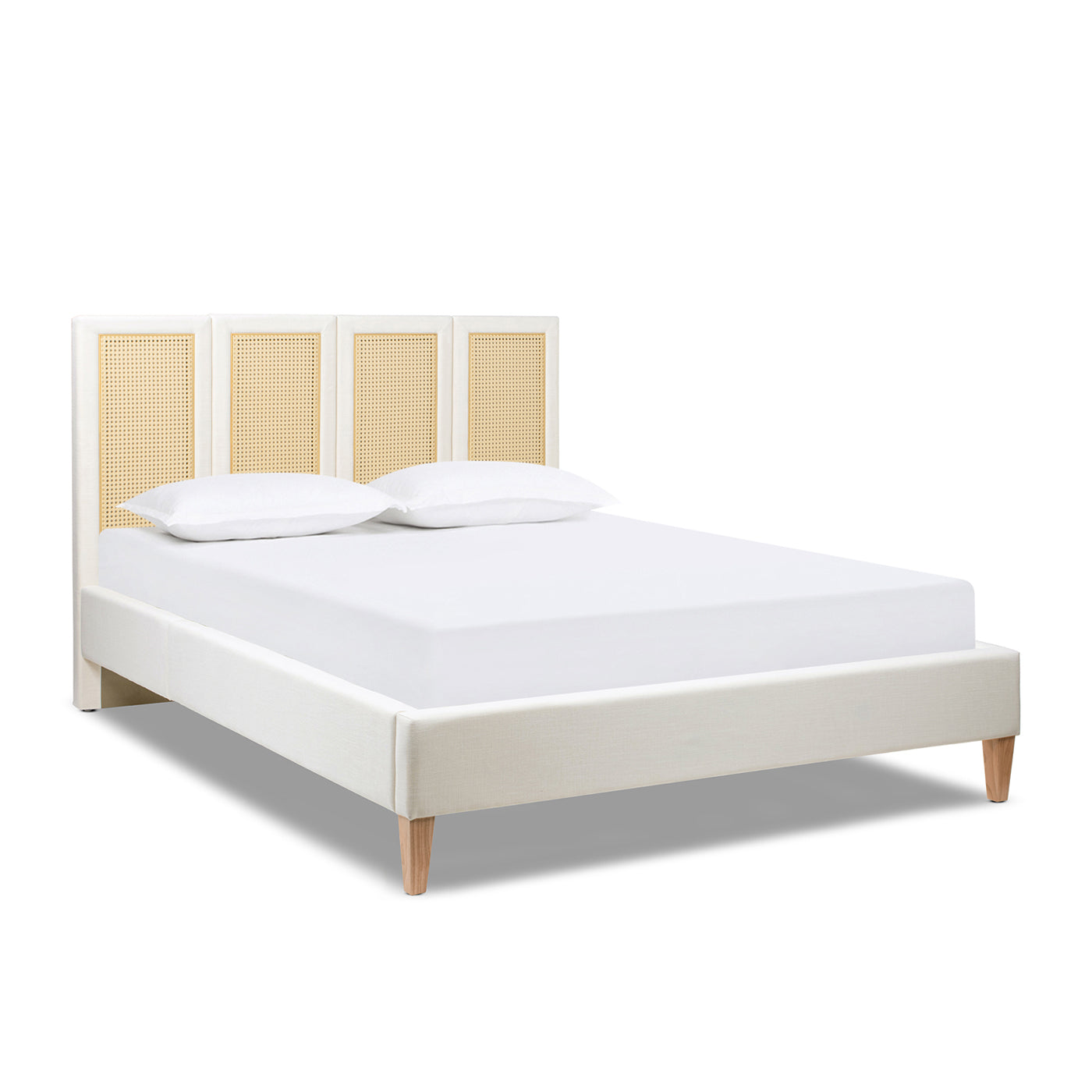 Toscana Queen Upholstered Cane Back Platform Bed, Antique White Polyester