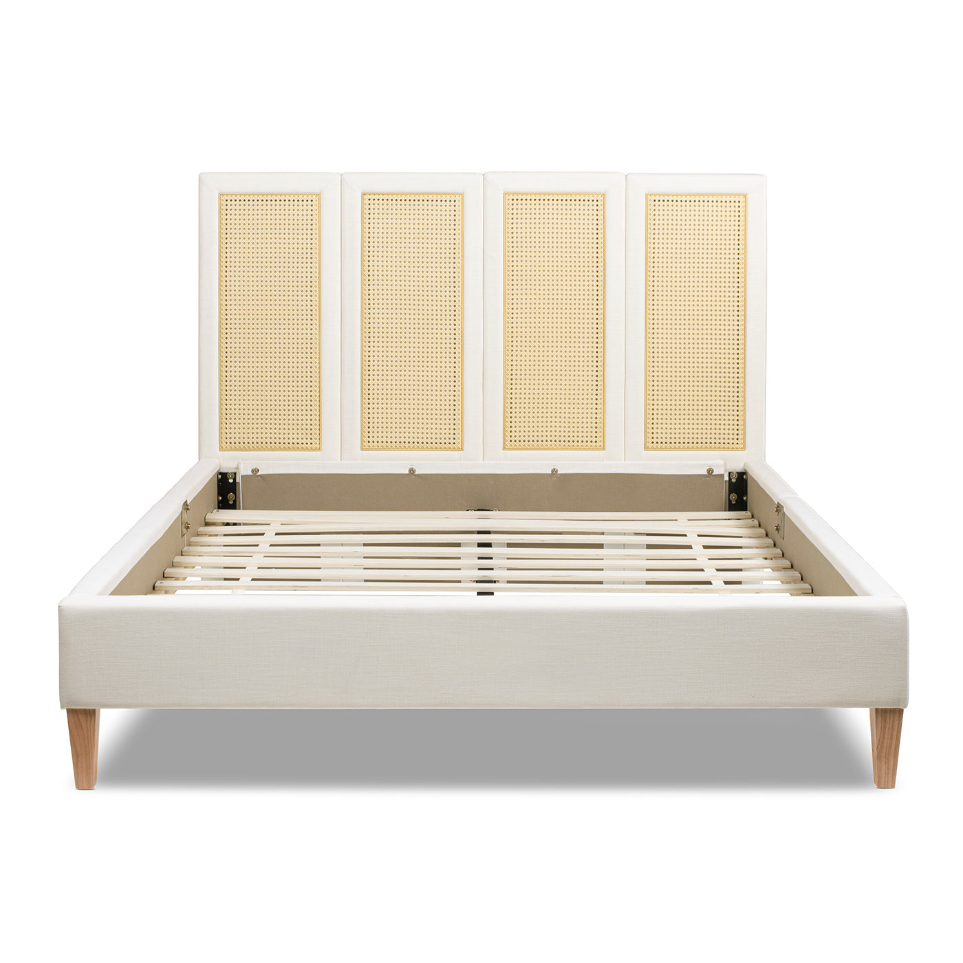 Toscana Queen Upholstered Cane Back Platform Bed, Antique White Polyester