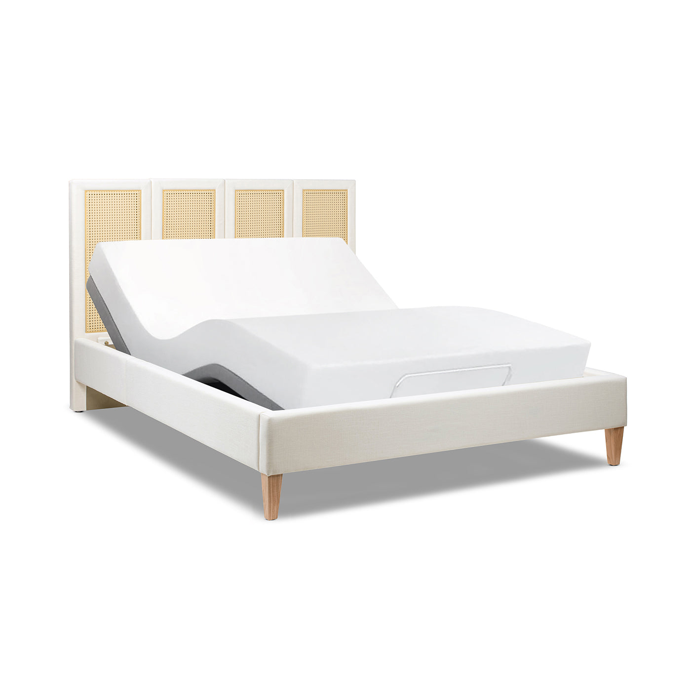 Toscana Queen Upholstered Cane Back Platform Bed, Antique White Polyester