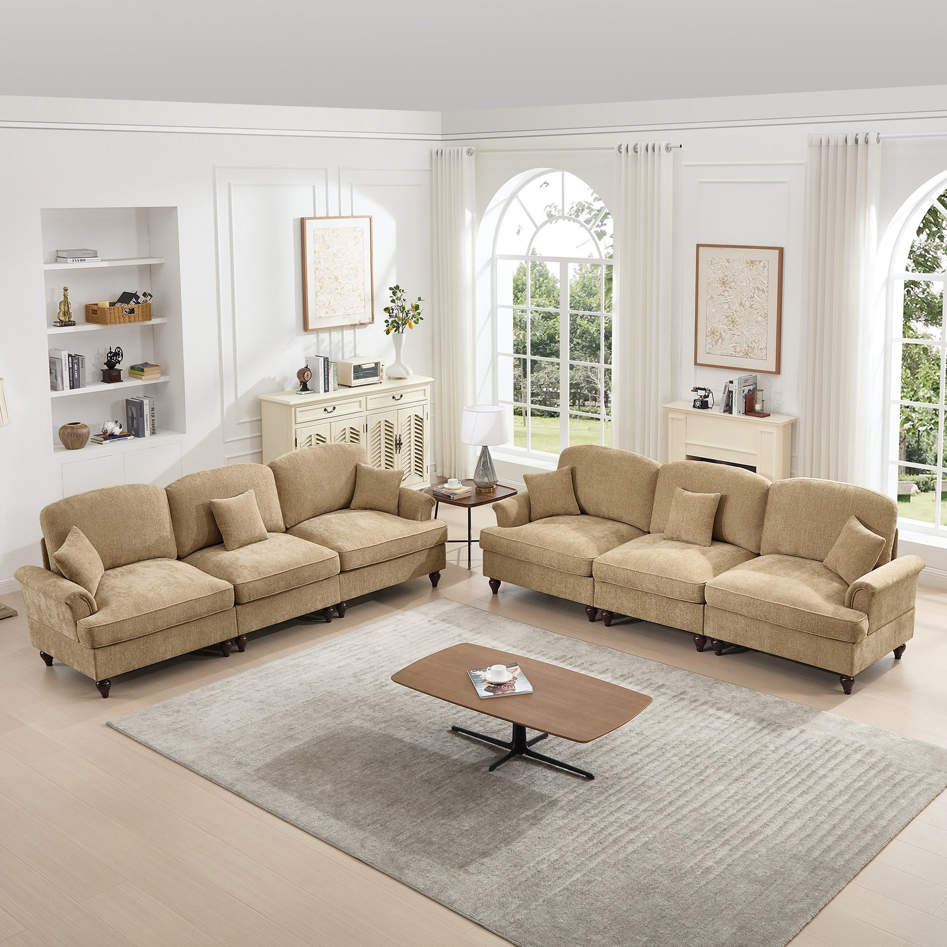 Classic Sleeper Sofa Couch with Flared Arms and Removable Ruffles Pleats Skirts and Spindle Legs, Comfy Modular Sectional Chenille Deep Seat Cloud Sofa Couch with 3 Movable Ottomans, Light Coffee