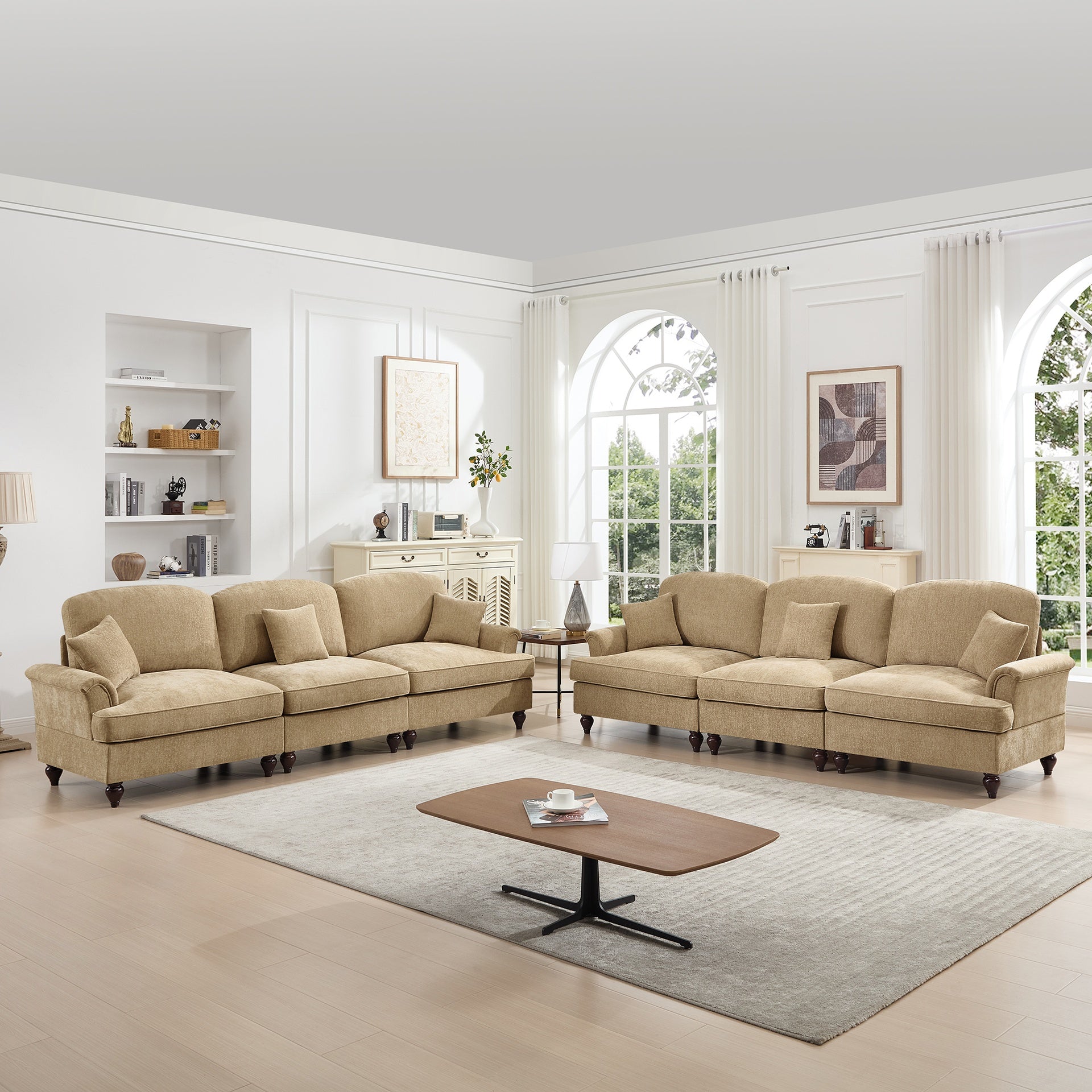 Classic Sleeper Sofa Couch with Flared Arms and Removable Ruffles Pleats Skirts and Spindle Legs, Comfy Modular Sectional Chenille Deep Seat Cloud Sofa Couch with 3 Movable Ottomans, Light Coffee