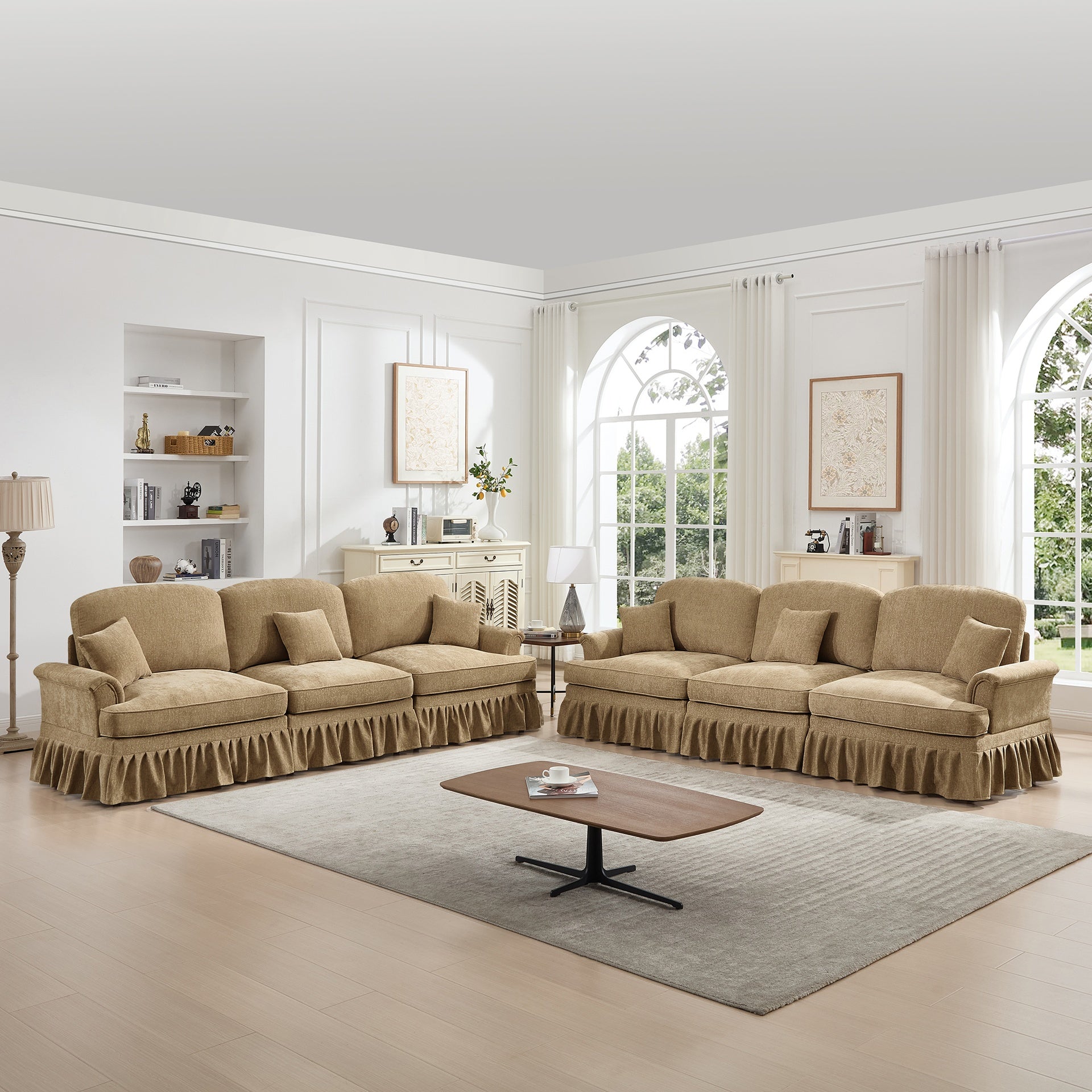 Classic Sleeper Sofa Couch with Flared Arms and Removable Ruffles Pleats Skirts and Spindle Legs, Comfy Modular Sectional Chenille Deep Seat Cloud Sofa Couch with 3 Movable Ottomans, Light Coffee