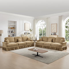 Classic Sleeper Sofa Couch with Flared Arms and Removable Ruffles Pleats Skirts and Spindle Legs, Comfy Modular Sectional Chenille Deep Seat Cloud Sofa Couch with 3 Movable Ottomans, Light Coffee