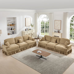 Classic Sleeper Sofa Couch with Flared Arms and Removable Ruffles Pleats Skirts and Spindle Legs, Comfy Modular Sectional Chenille Deep Seat Cloud Sofa Couch with 3 Movable Ottomans, Light Coffee