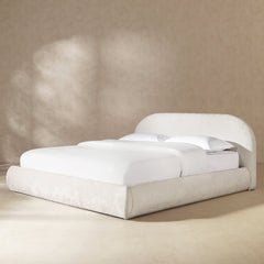 Archie Puffy Grounded Upholstered Platform Bed, King, Almond White