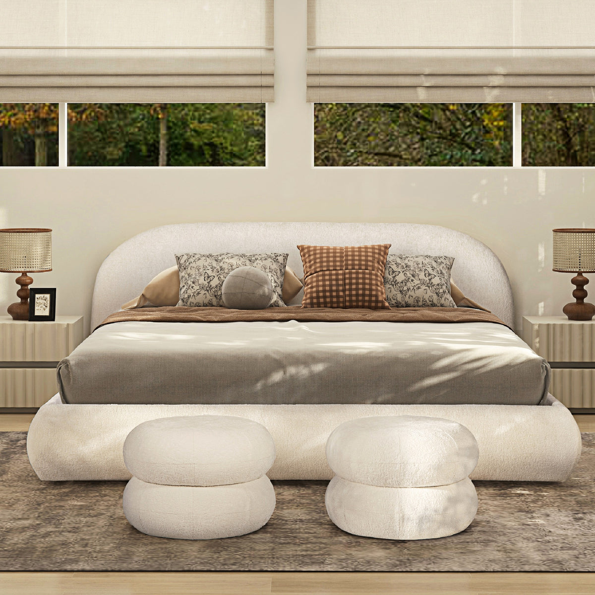 Archie Puffy Grounded Upholstered Platform Bed, King, Almond White