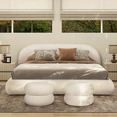 Archie Puffy Grounded Upholstered Platform Bed, King, Almond White