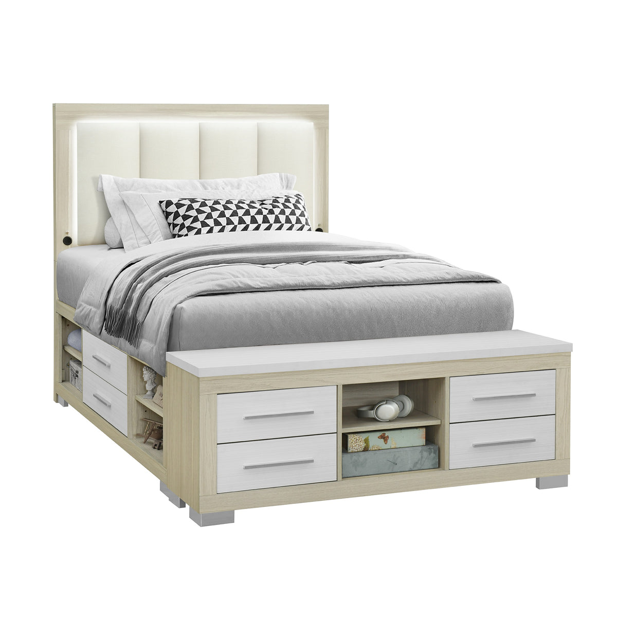 Elsa Natural and White Storage and LED Full Bed