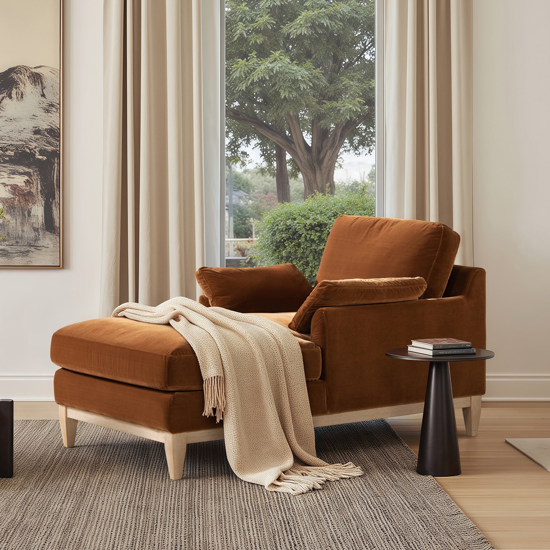 Pasadena Modern Farmhouse Chaise Lounge Chair, Burnt Orange Performance Velvet