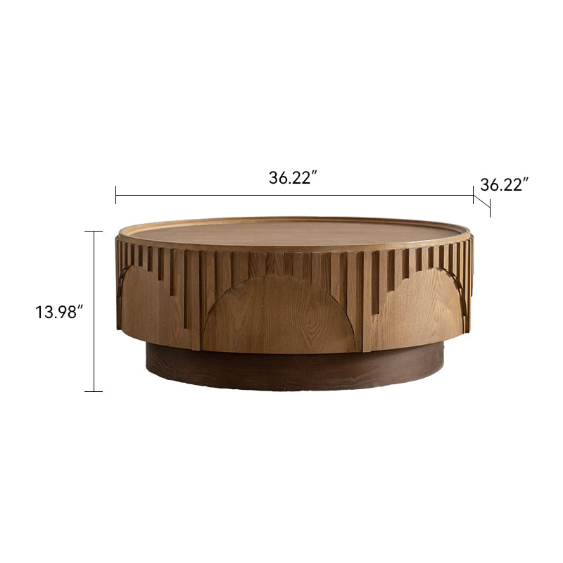 36.22" Modern Round Coffee Table - Solid Wood & MDF Moon-Cut Fluted Center Table, Handcrafted Relief Tea Table for Living Room/Apartment (Sturdy Pedestal)