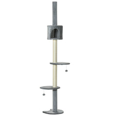 PawHut 100" Cat Tree Height Adjustable Floor-to-Ceiling 4-Tier Kitty Climbing Activity Center Condo Cat Toy with Scratching Post Hanging Balls Play Rest Post Pet Furniture Grey