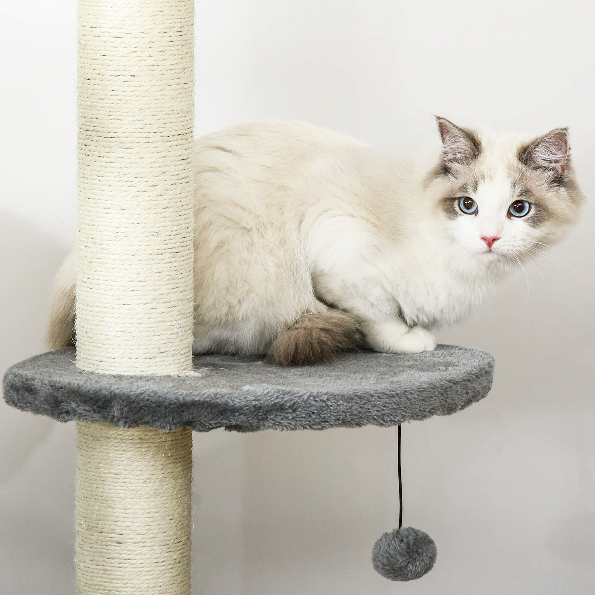 PawHut 100" Cat Tree Height Adjustable Floor-to-Ceiling 4-Tier Kitty Climbing Activity Center Condo Cat Toy with Scratching Post Hanging Balls Play Rest Post Pet Furniture Grey