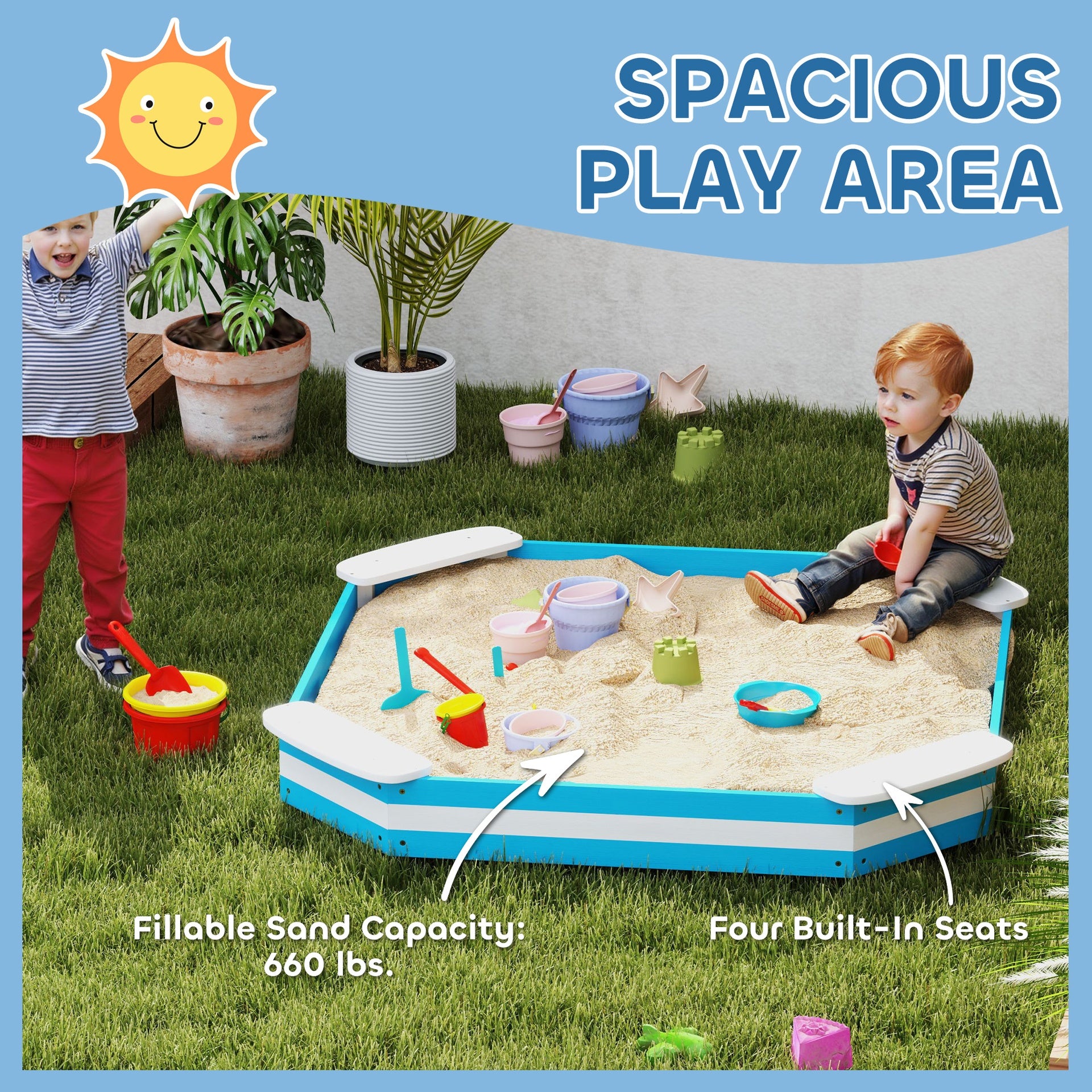 Qaba Kids Sandbox with 4 Corner Seats, Bottom Liner for Backyard, Garden, Outdoor, 52" x 52" x 6", Blue