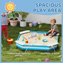 Qaba Kids Sandbox with 4 Corner Seats, Bottom Liner for Backyard, Garden, Outdoor, 52" x 52" x 6", Blue