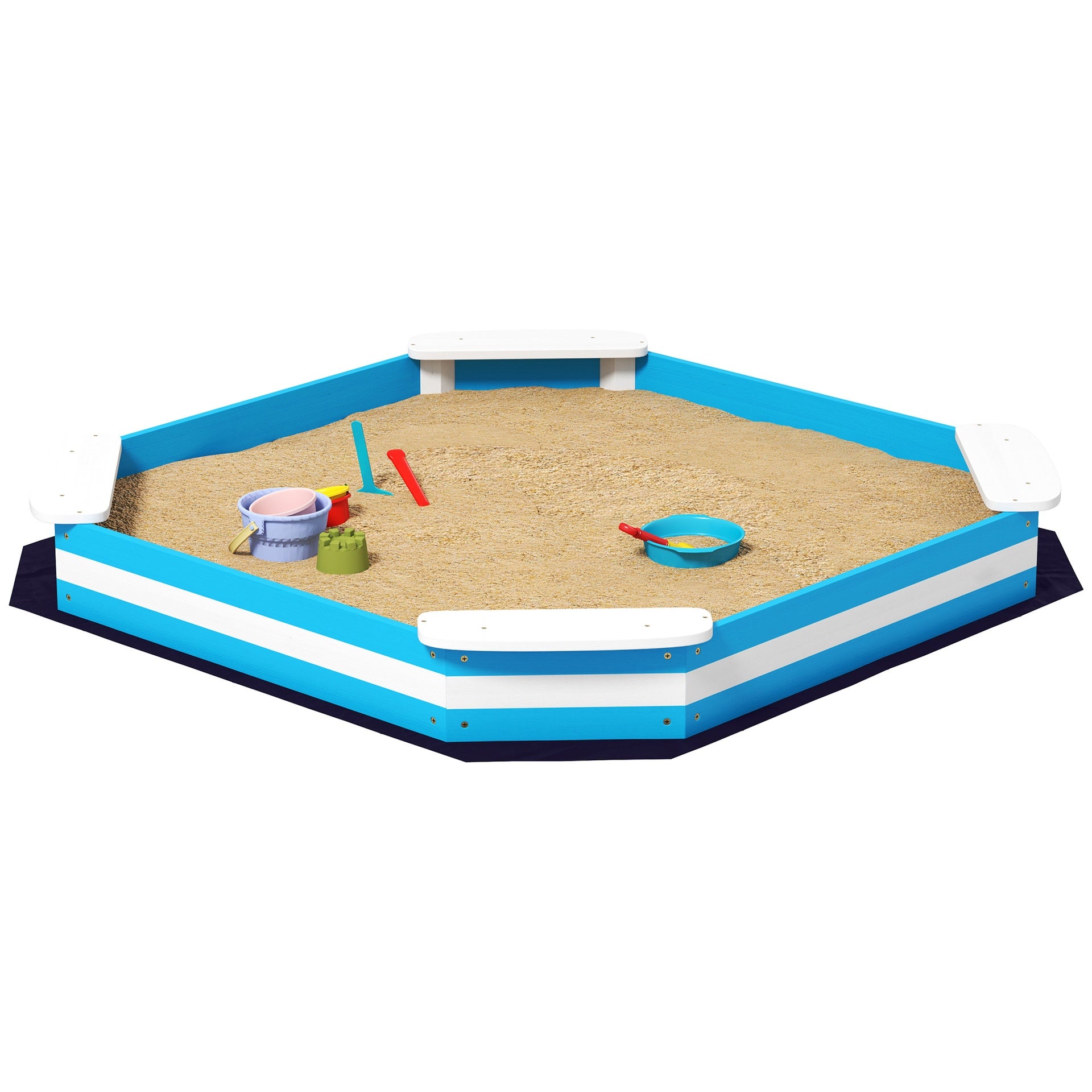 Qaba Kids Sandbox with 4 Corner Seats, Bottom Liner for Backyard, Garden, Outdoor, 52" x 52" x 6", Blue