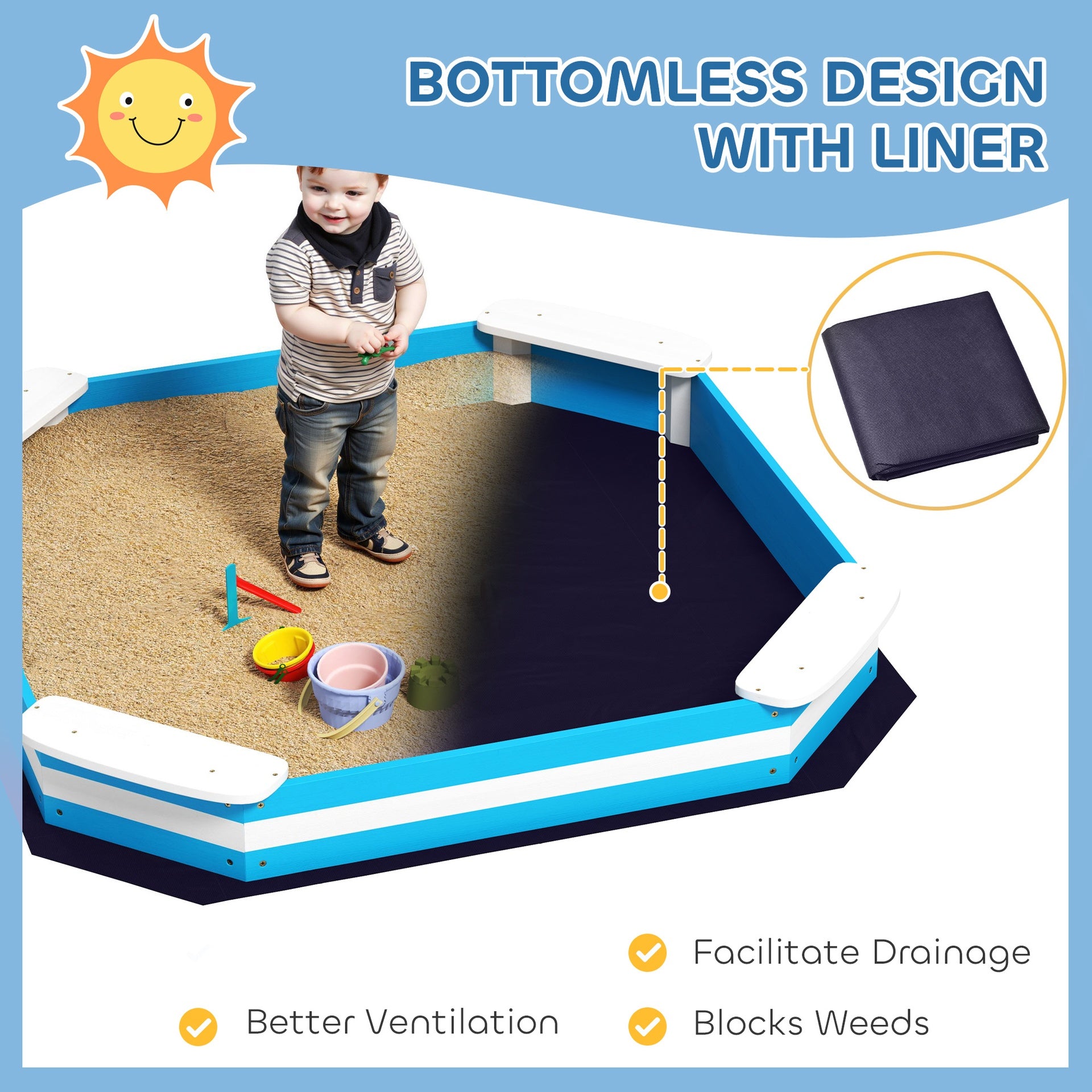 Qaba Kids Sandbox with 4 Corner Seats, Bottom Liner for Backyard, Garden, Outdoor, 52" x 52" x 6", Blue