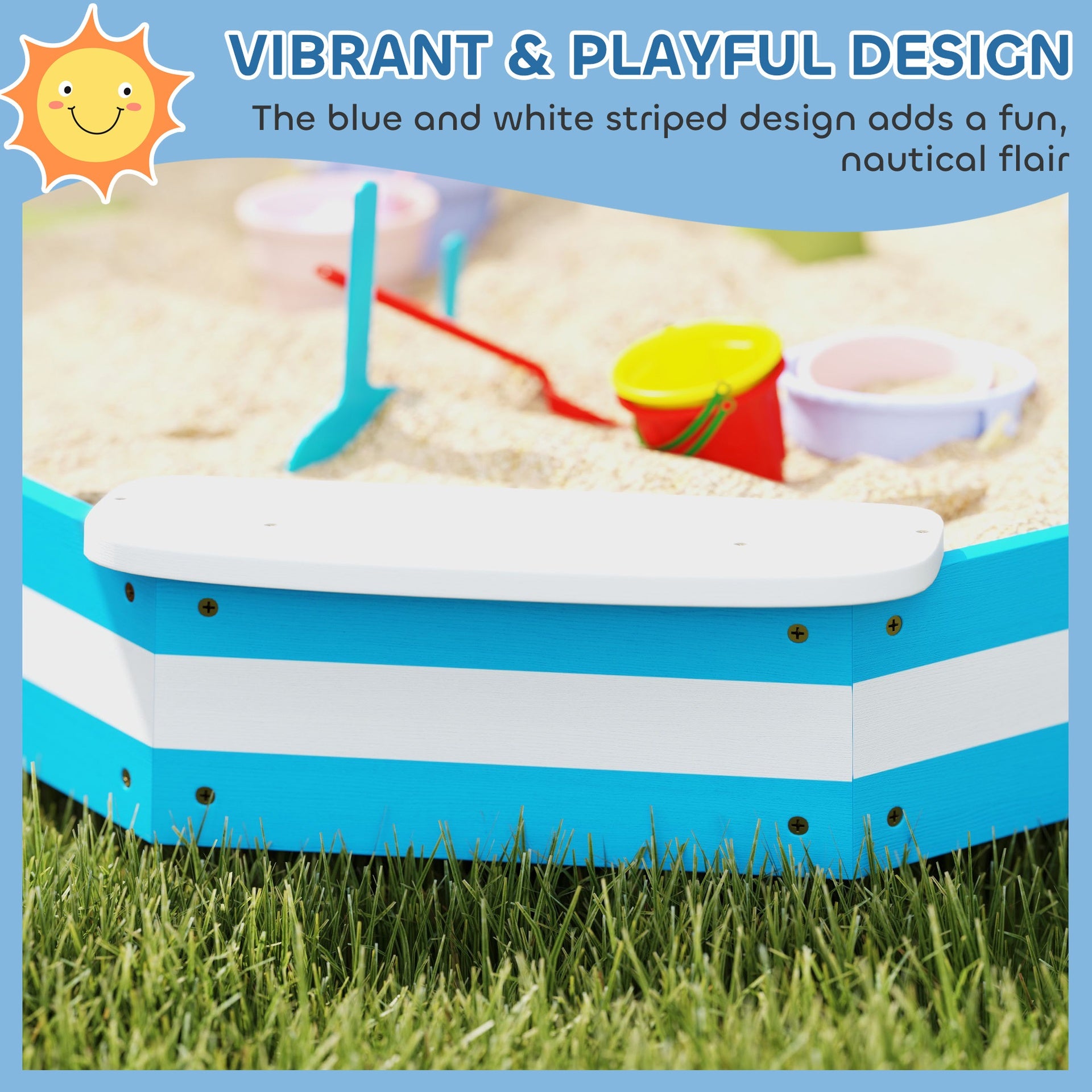 Qaba Kids Sandbox with 4 Corner Seats, Bottom Liner for Backyard, Garden, Outdoor, 52" x 52" x 6", Blue