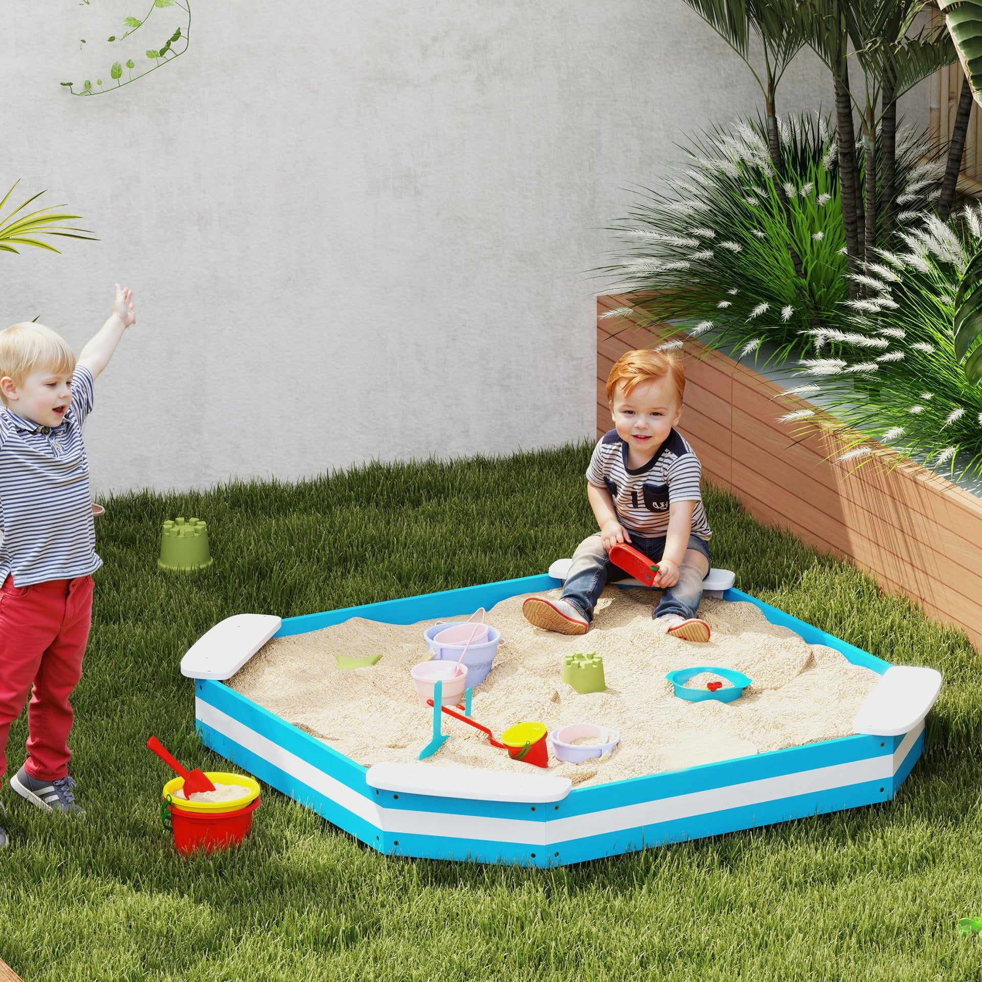 Qaba Kids Sandbox with 4 Corner Seats, Bottom Liner for Backyard, Garden, Outdoor, 52" x 52" x 6", Blue